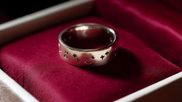 Silver ring with intricate designs displayed on a red velvet cushion in a soft light setting photo