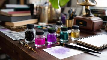 Creative workspace featuring vibrant ink bottles, art supplies, and notepads in a cozy setting during daytime photo