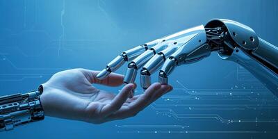 Human and robotic hands connect in a display of technology and humanity during a futuristic interaction photo