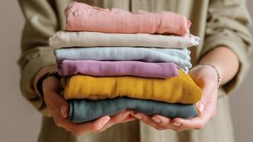 Hands carefully holding a stack of neatly folded colorful fabrics at a craft studio in natural light photo