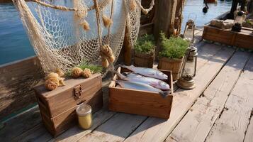 Fresh catch displayed on a wooden dock with fishing supplies in the afternoon sun near calm waters photo