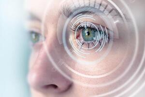 Close up of a person's eye with advanced biometric technology on display in a futuristic setting photo