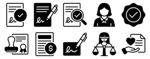 Notary Icon Set Solid Style Collection representing legal authentication and official documentation suitable for legal services administrative tasks and government-related applications vector