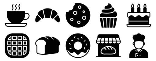 Bakery Icon Set Solid Style Collection representing baked goods and pastry creation suitable for culinary apps bakery branding and food service promotions vector