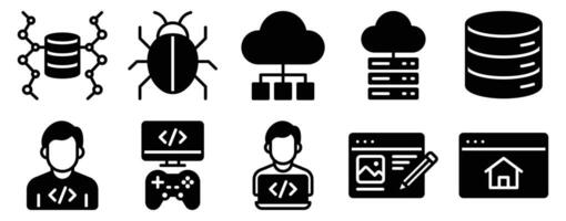 Developer Icon Set Solid Style Collection representing coding programming and software development suitable for tech platforms developer tools and educational resources vector