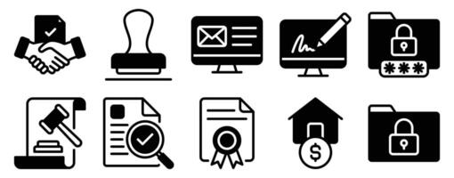 Contracts Icon Set Solid Style Collection representing legal agreements and formal documentation suitable for business transactions legal services and administrative processes vector