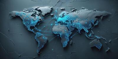 Global connectivity represented through illuminated map design showcasing data flow across continents photo