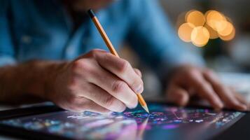 Creating digital art with a stylus on a tablet during an evening session at home photo