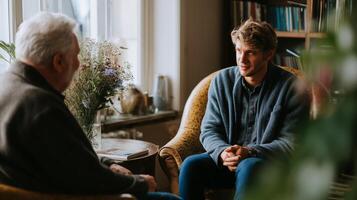 Two men engage in a meaningful conversation in a cozy cafe setting during a sunny afternoon photo