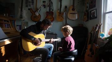 Musician teaches child to play guitar in a cozy room filled with instruments during afternoon light photo