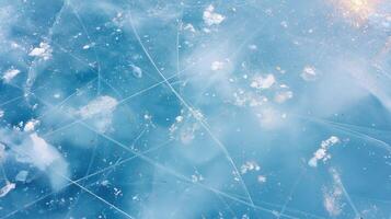 Frozen ice surface with cracks and bubbles reflecting light on a winter day photo