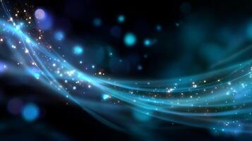 Flowing blue waves of light create a dynamic background with shimmering particles in an abstract digital artwork photo