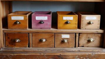 Colorful wooden drawers arranged on a rustic shelf with labeled compartments in an antique setting photo