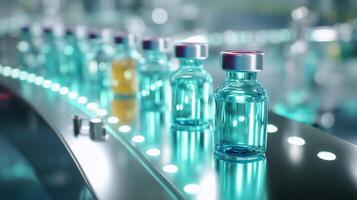 Bottles of vaccine in a laboratory being processed on a conveyor belt for distribution in a healthcare facility photo