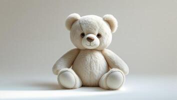 Soft teddy bear sitting on a plain surface, showcasing its plush texture and endearing features in a warm, inviting setting photo