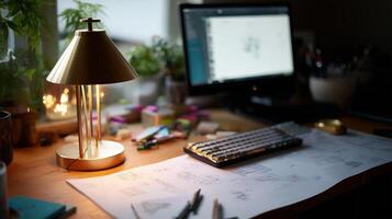 Creative workspace with sketches and modern desk lamp during evening hours photo
