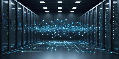 Modern data center with server racks illuminated by cool lighting showcasing network connectivity photo