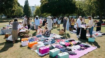 Community clothes exchange event in a park during a sunny afternoon with various vendors and shoppers photo