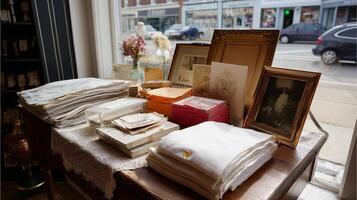 Vintage storefront display with linens, photographs, and decorative items in a quaint town setting photo