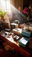 Vintage electronic devices and cluttered workspace illuminated by sunlight in a cozy room photo