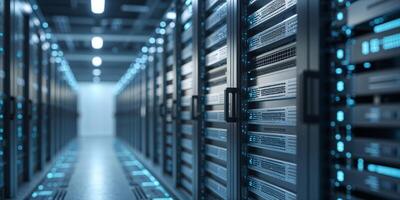 Modern data center with rows of servers illuminated by blue lights in a high-tech environment photo