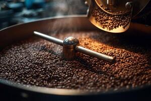 Coffee beans roasting in a modern facility during the early morning hours of a bustling city photo