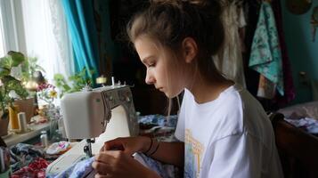 Young girl focuses on sewing fabric at home while enjoying a creative afternoon in a cozy room adorned with crafts photo