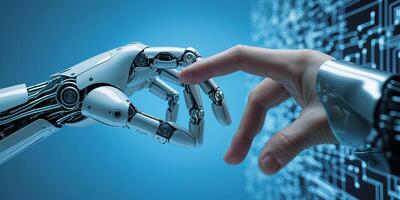 Human hand reaches out to connect with a robotic arm in a digital environment showcasing the intersection of technology and humanity photo