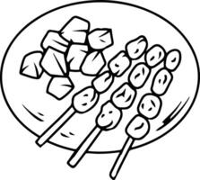 Hand-drawn satay and rice cake on a plate vector