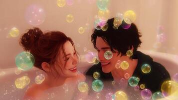 Couple enjoys playful moment in a bubble bath at home during a cozy evening photo