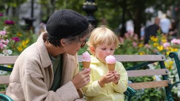 Joyful afternoon ice cream treat in a vibrant park setting with a woman and child enjoying their cones photo