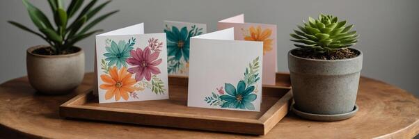 Colorful handmade greeting cards displayed on a wooden tray with potted plants in a cozy indoor setting photo