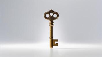 Vintage brass key standing upright on a white surface with soft lighting highlighting its intricate design and texture photo
