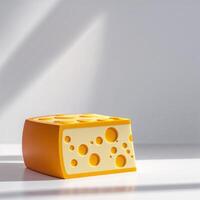 Bright yellow cheese block displayed on a clean surface with shadows and light at a modern kitchen setting photo