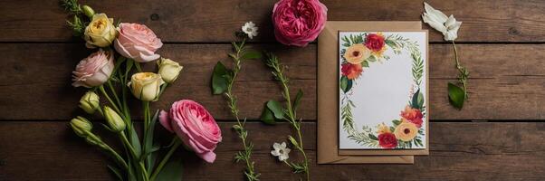 Beautiful flower arrangement with greeting card on rustic wooden background for a thoughtful occasion photo