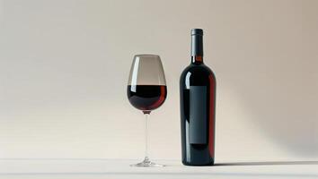 Elegant red wine bottle and glass arranged on a light surface showcasing the rich color and smooth texture of the drink photo