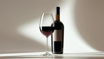 Elegant red wine glass alongside a dark bottle in a minimalistic setting with soft shadows photo