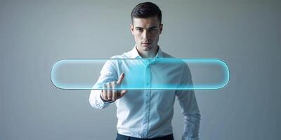 Man interacting with virtual interface in a modern workspace setting photo