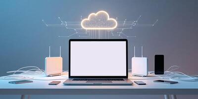 Modern workspace with technology setup featuring laptop, routers, and cloud computing concept photo