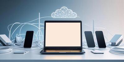 Modern technology setup with multiple devices connected and a cloud symbol in the background illustrating digital connectivity photo