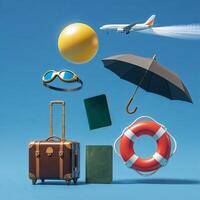 Travel essentials for an adventurous vacation under the sunny sky with an airplane flying overhead photo