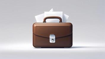 Brown leather briefcase with documents on a gray background showcasing professionalism and organization in a business context photo