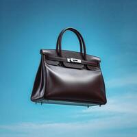 Elegant black handbag suspended in blue sky showcasing luxury craftsmanship and design details photo