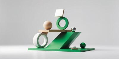 Artistic arrangement of geometric shapes on a green base showcasing balance and composition in a minimalistic design setting photo