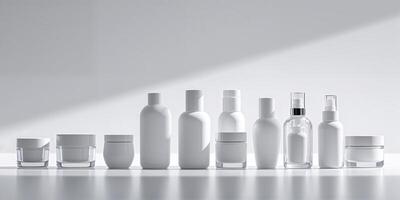 Various skincare and cosmetic containers arranged in a modern setting with clean lines and simple design photo