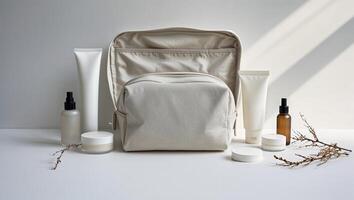 Minimalistic skincare arrangement with neutral tones on a light surface photo