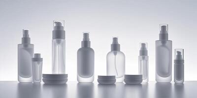 Variety of transparent cosmetic containers arranged on a minimalistic white surface with soft backlighting during early evening photo