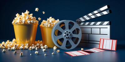 Popcorn, film reel, and tickets create a theater atmosphere for an enjoyable movie night experience photo