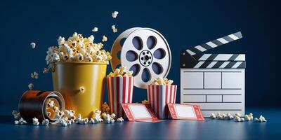 Creative arrangement of popcorn, film reel, and clapperboard for an exciting movie night setup at home photo