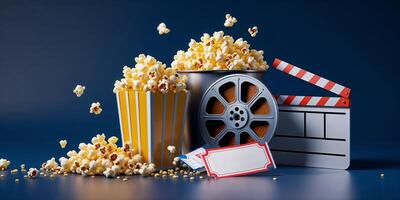 Interactive movie night setup with popcorn, film reel, and clapperboard in a cozy atmosphere photo